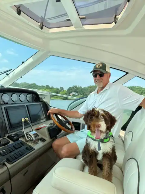 Puppy riding in captain cabin on boat